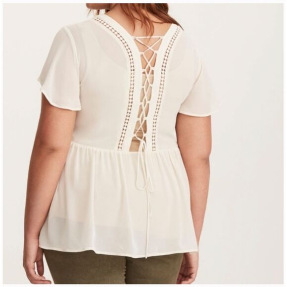 Torrid Chiffon Lace Up Back Blouse Sheer Cream Flowy Bohemian Plus Size 2X - Picture 2 of 7